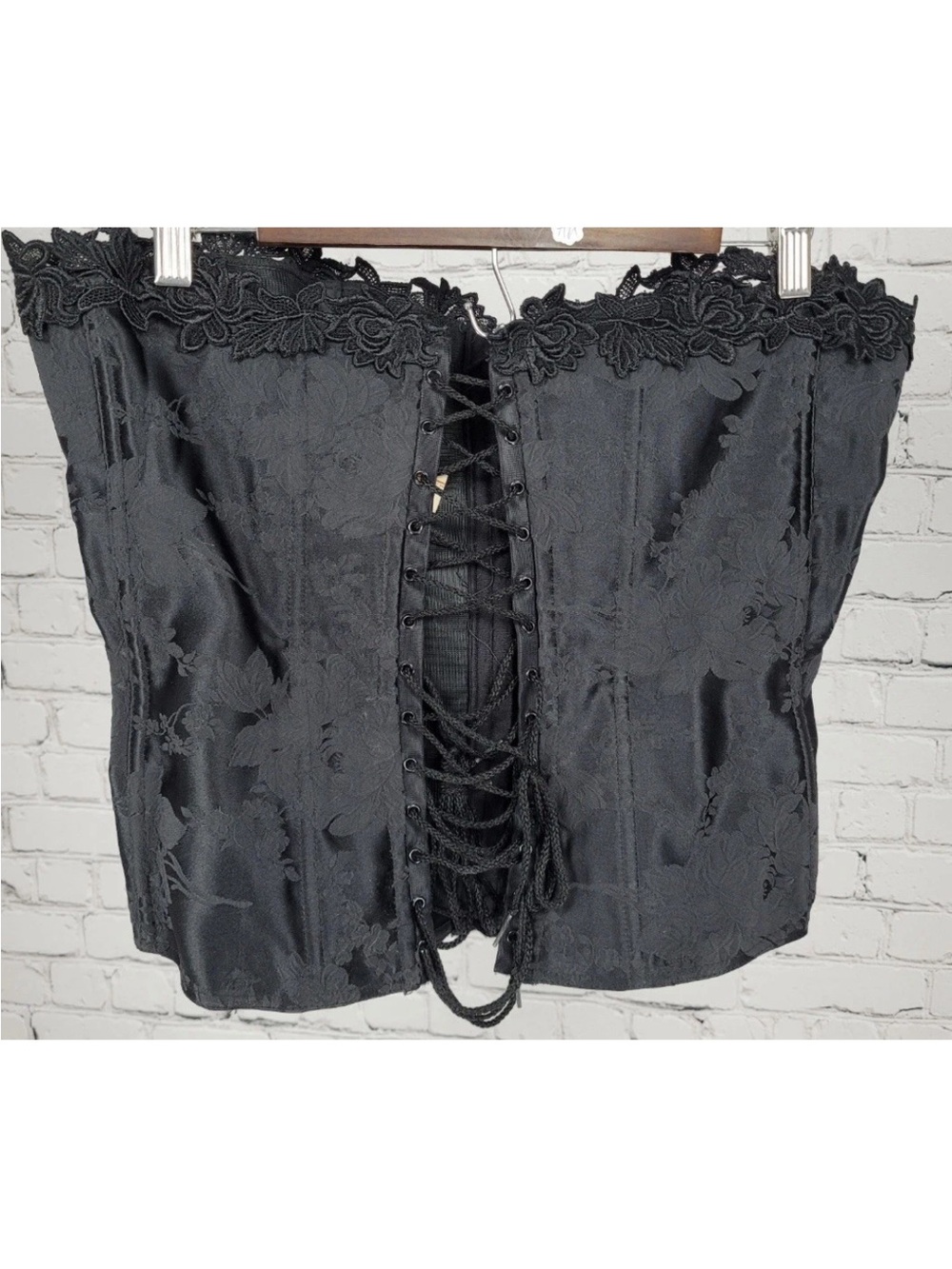 VTG Empire Intimates Black Brocade Satin Floral Lace Tie Up Corset Top USA 36